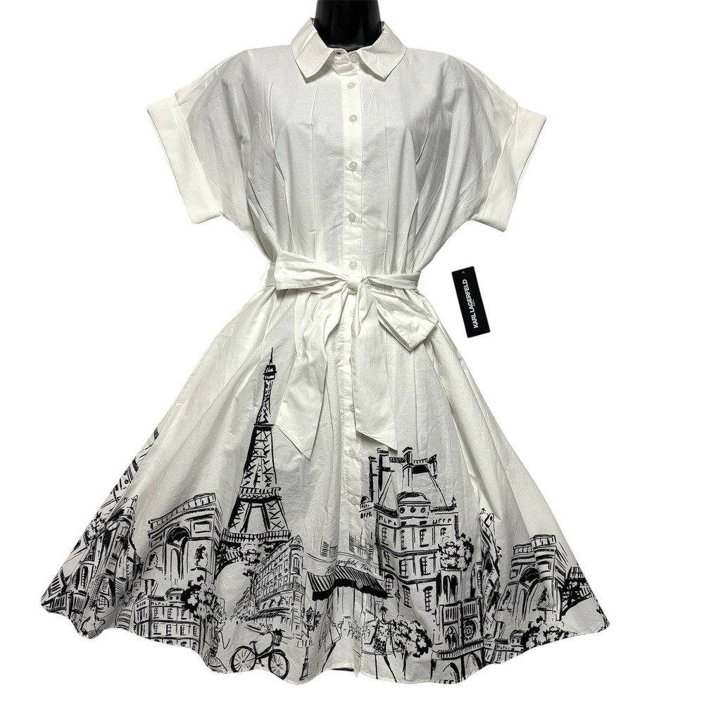 NWT KARL LAGERFELD PARIS Tie-waist Paris Border Dress, White Multi, 6, $169 - Picture 2 of 14